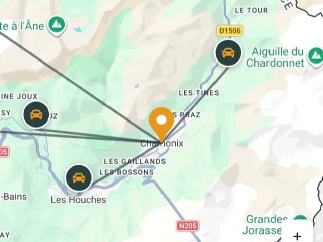 A map of the Chamonix valley with drivers' routes converging on the town
