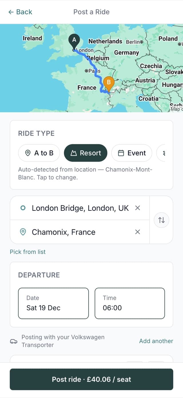 The Post a Ride screen, with a resort, date, vehicle and the price per seat