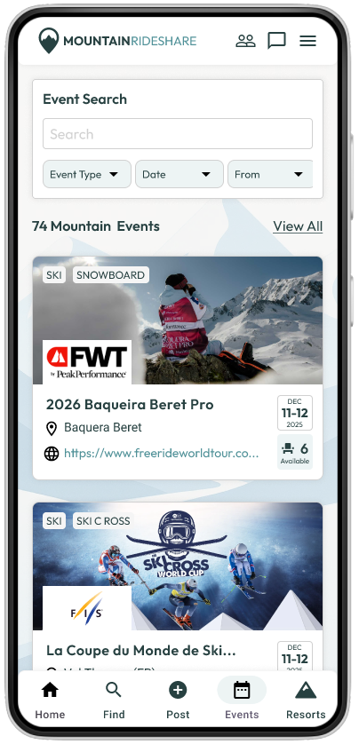 Mountain Rideshare app - Events