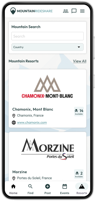 Mountain Rideshare app - Resorts