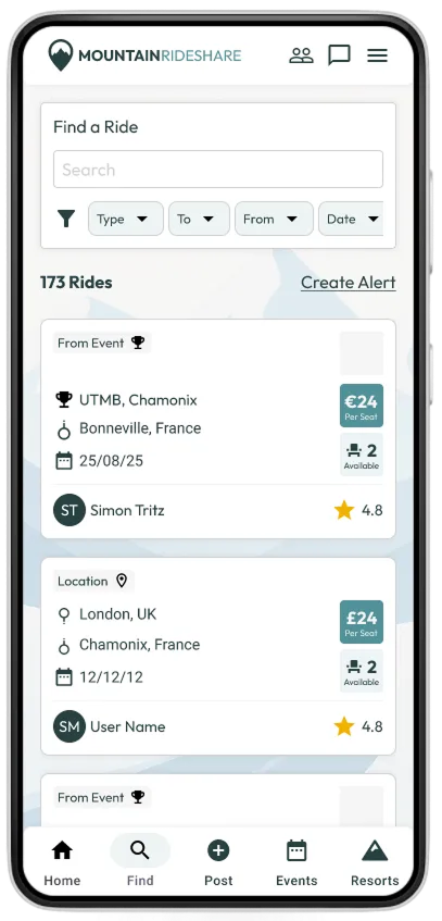 Mountain Rideshare find a ride results screen