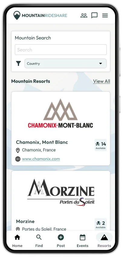 Mountain Rideshare resort listings screen