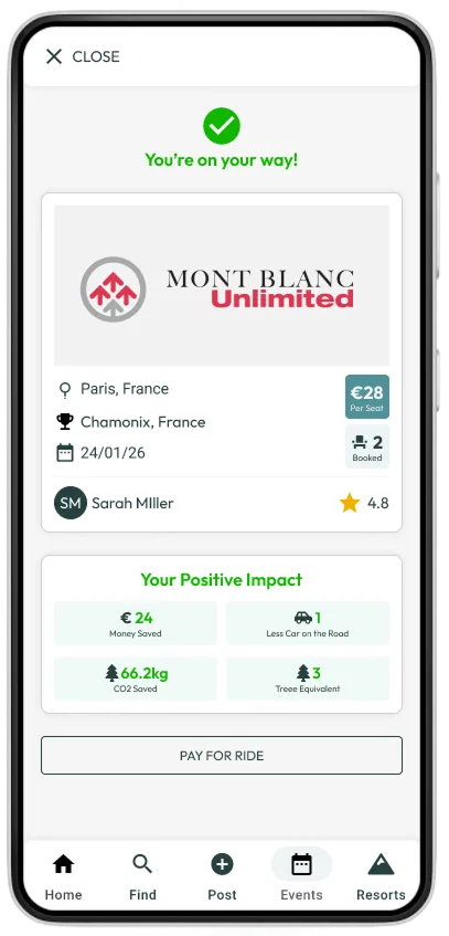 Mountain Rideshare ride confirmation screen for resort travel