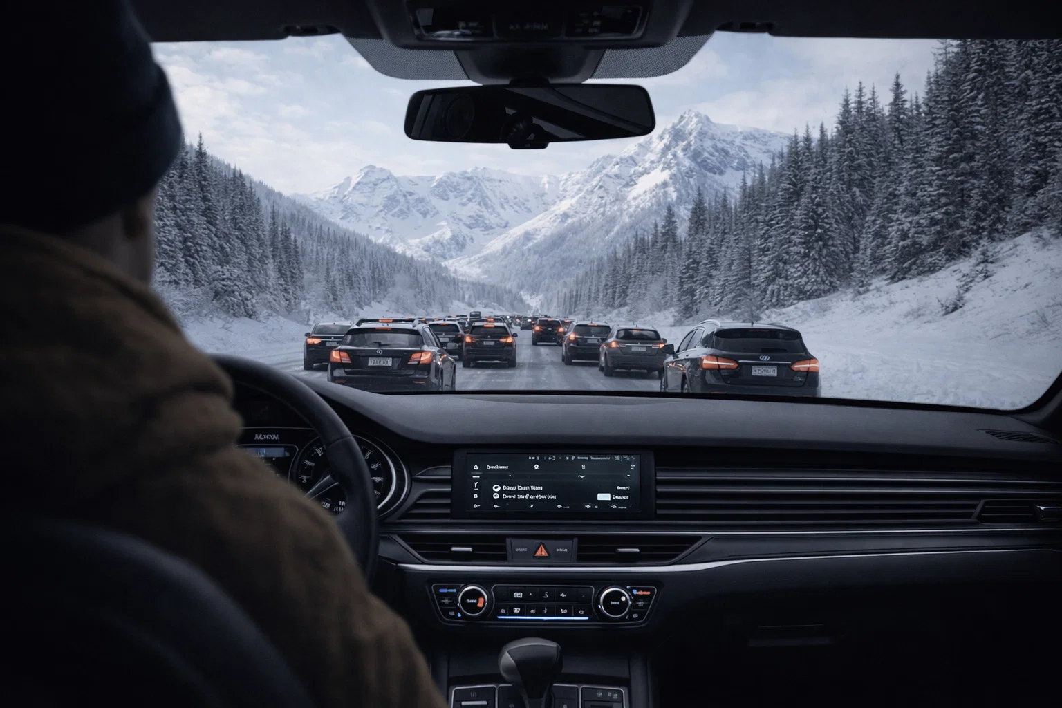 Single driver with empty seats on mountain road